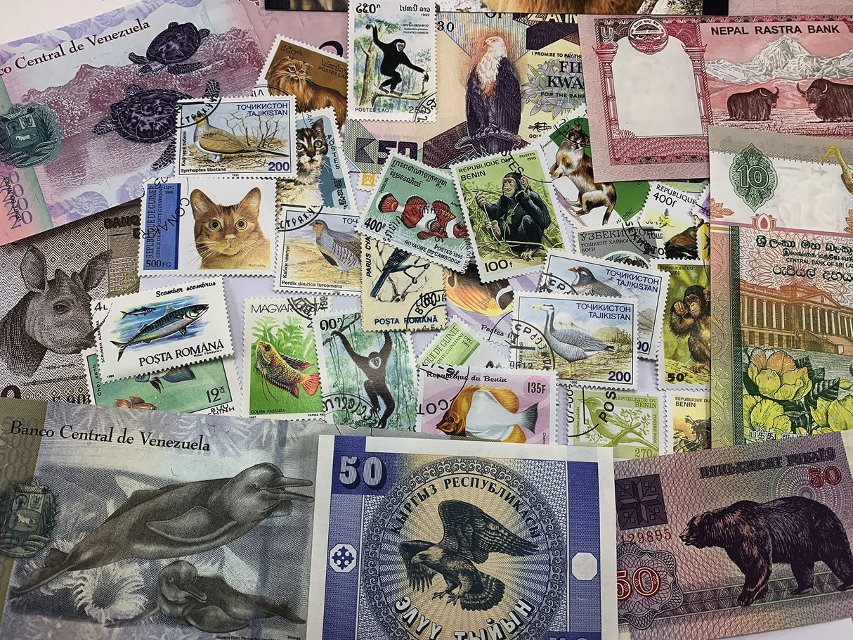 50WILDLIFE-CLRBOX Wildlife: 50 Piece Collection of World Stamps & Banknotes (Clear Box)