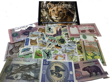 50WILDLIFE-CLRBOX Wildlife: 50 Piece Collection of World Stamps & Banknotes (Clear Box)