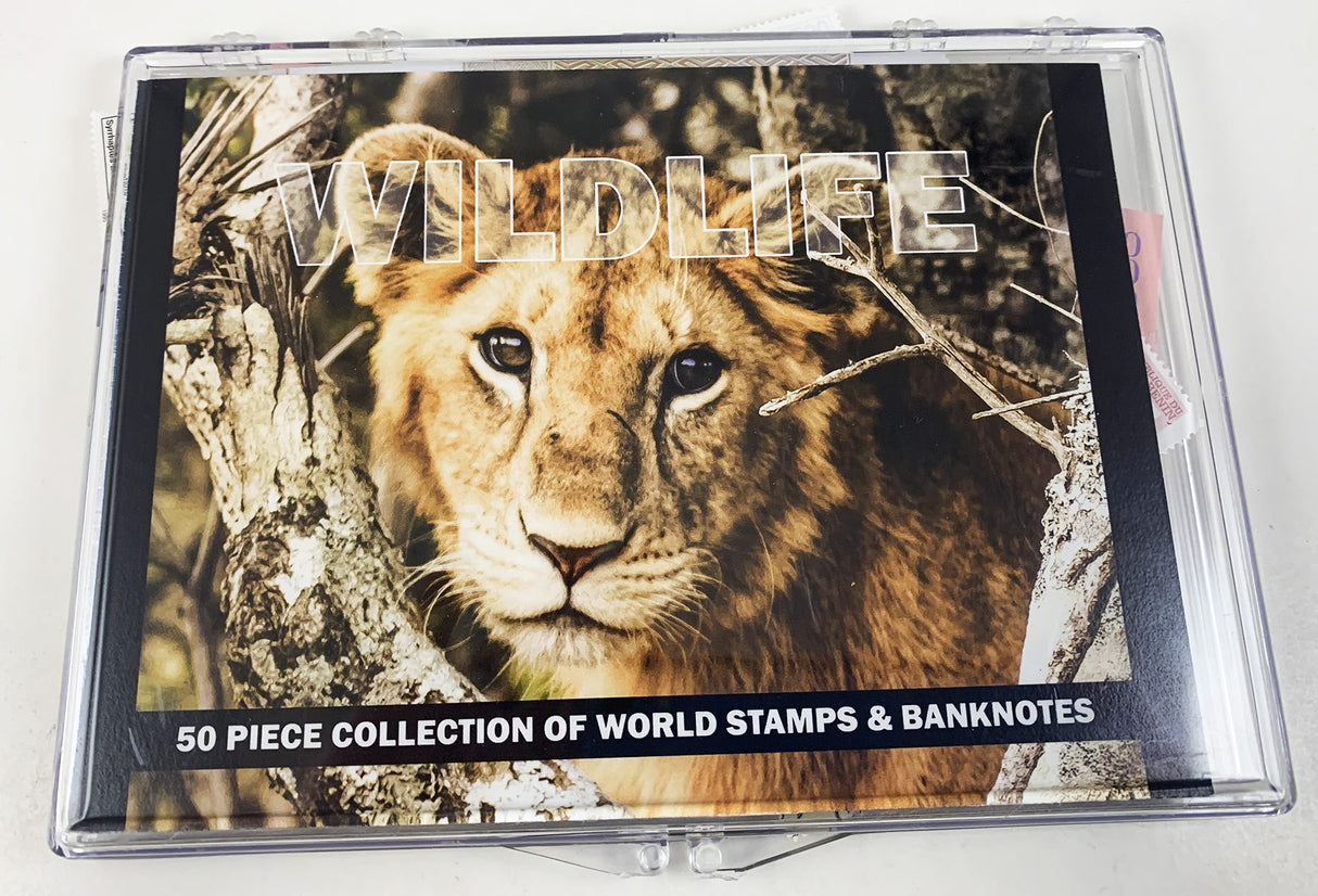 50WILDLIFE-CLRBOX Wildlife: 50 Piece Collection of World Stamps & Banknotes (Clear Box)