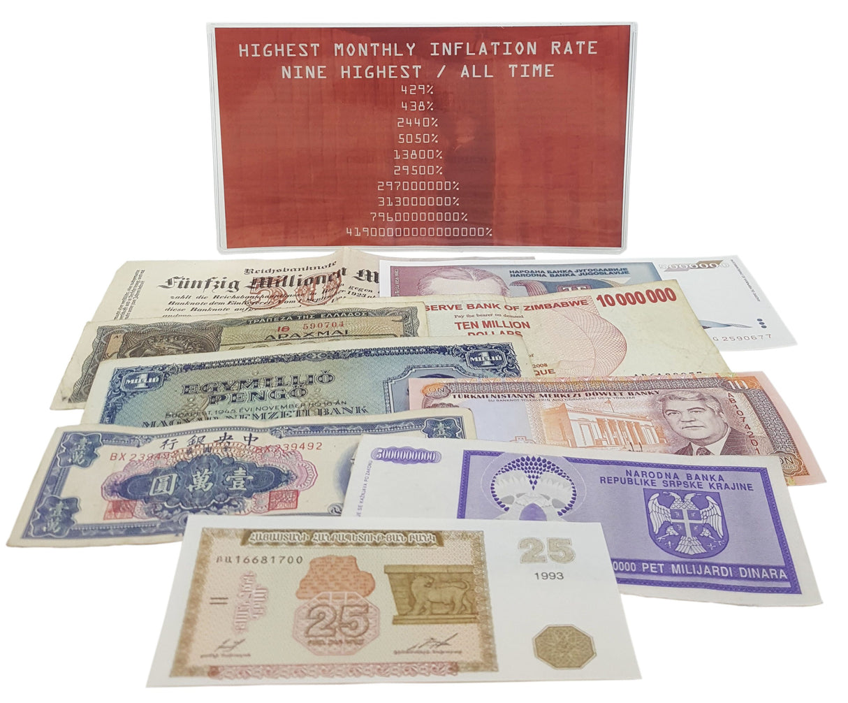 9HYPER-BF HYPERINFLATION: NINE HIGHEST COUNTRIES ALL TIME (nine banknotes) (Billfold)