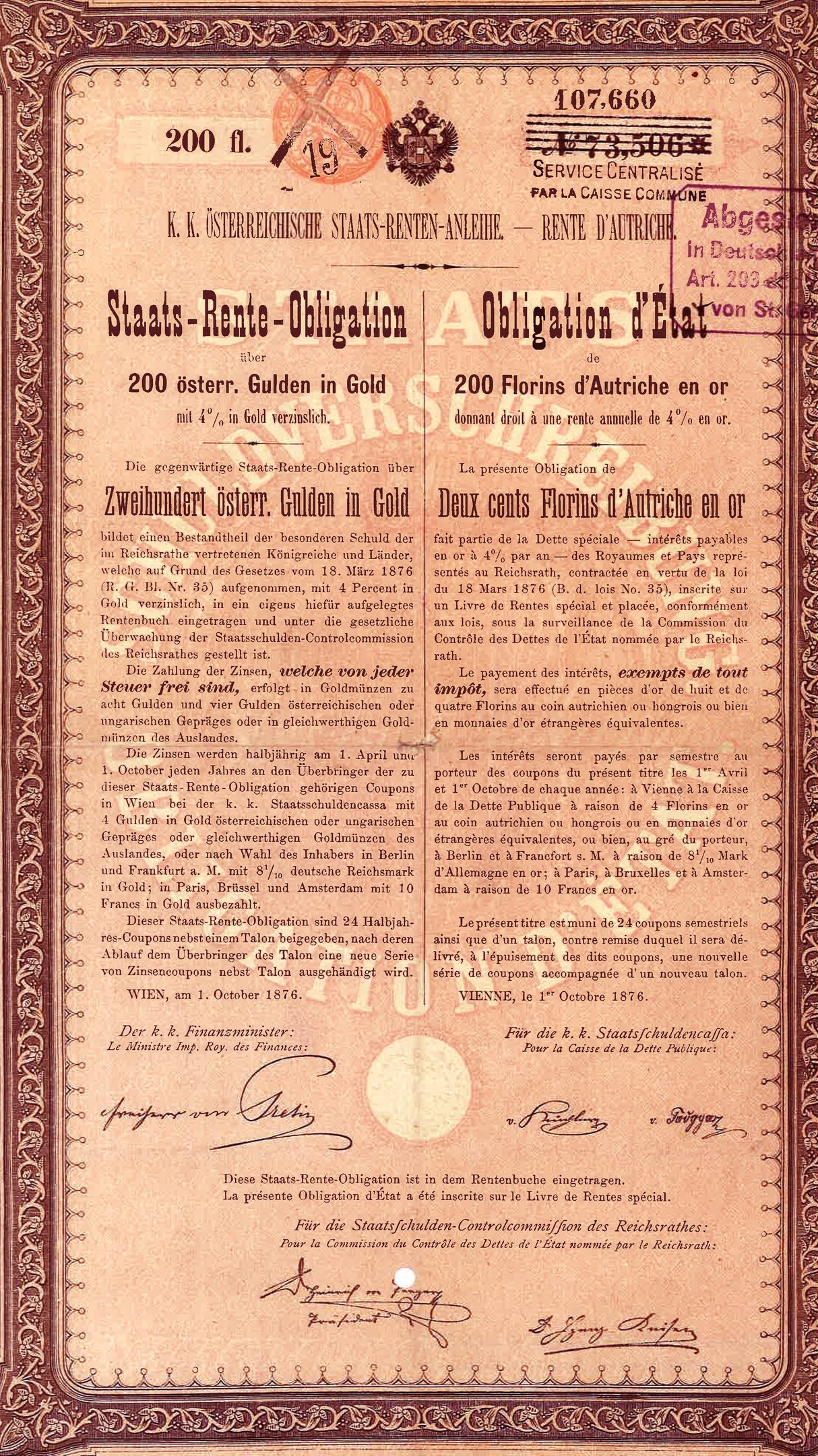 AUSTGOVTBOND-200(VG) Austria State Bond, 200 fl., 1876.