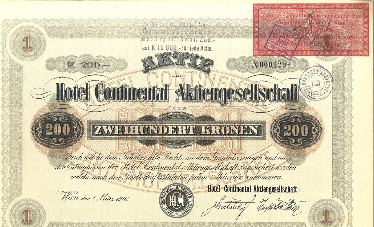 AUSTHOTELBOND-200(1S)1916(XF) Austria Hotel Continental Vienna, Stock Certificate: 1 share/200 kronen (1916)