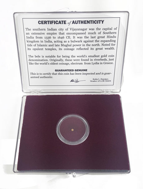 BELE-CLRBOX World's Smallest Gold Coin: Bele of Vijayanagara (Clear Box)