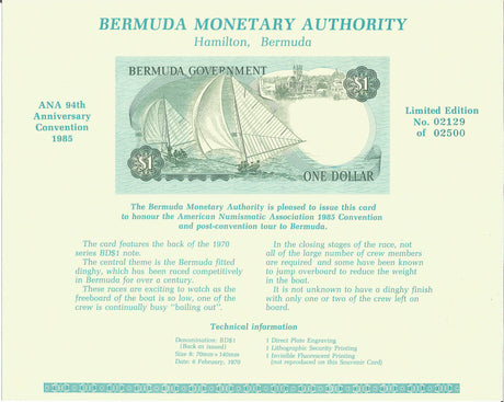 Bermuda PCARD(U) Bermuda ANA 94Th Anniversary Convention Card 1985