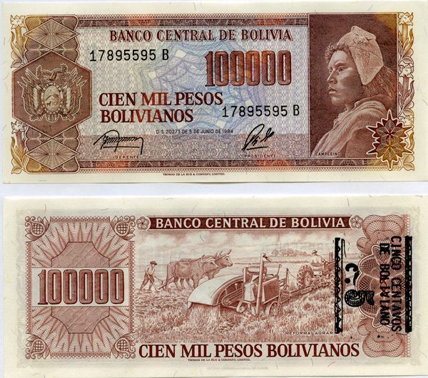 Bolivia P196AERROR1(U) 5 Centavos on back right