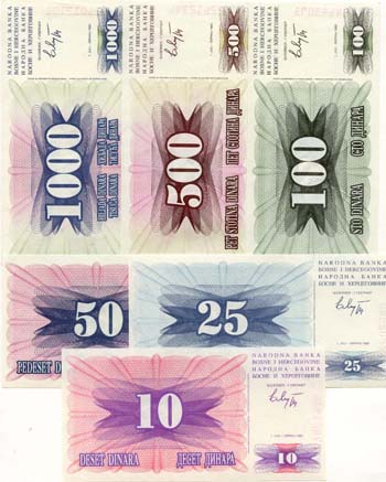 BOSNBN6SET(U) Bosnia-Herzegovina Set of 6 Dinara Notes