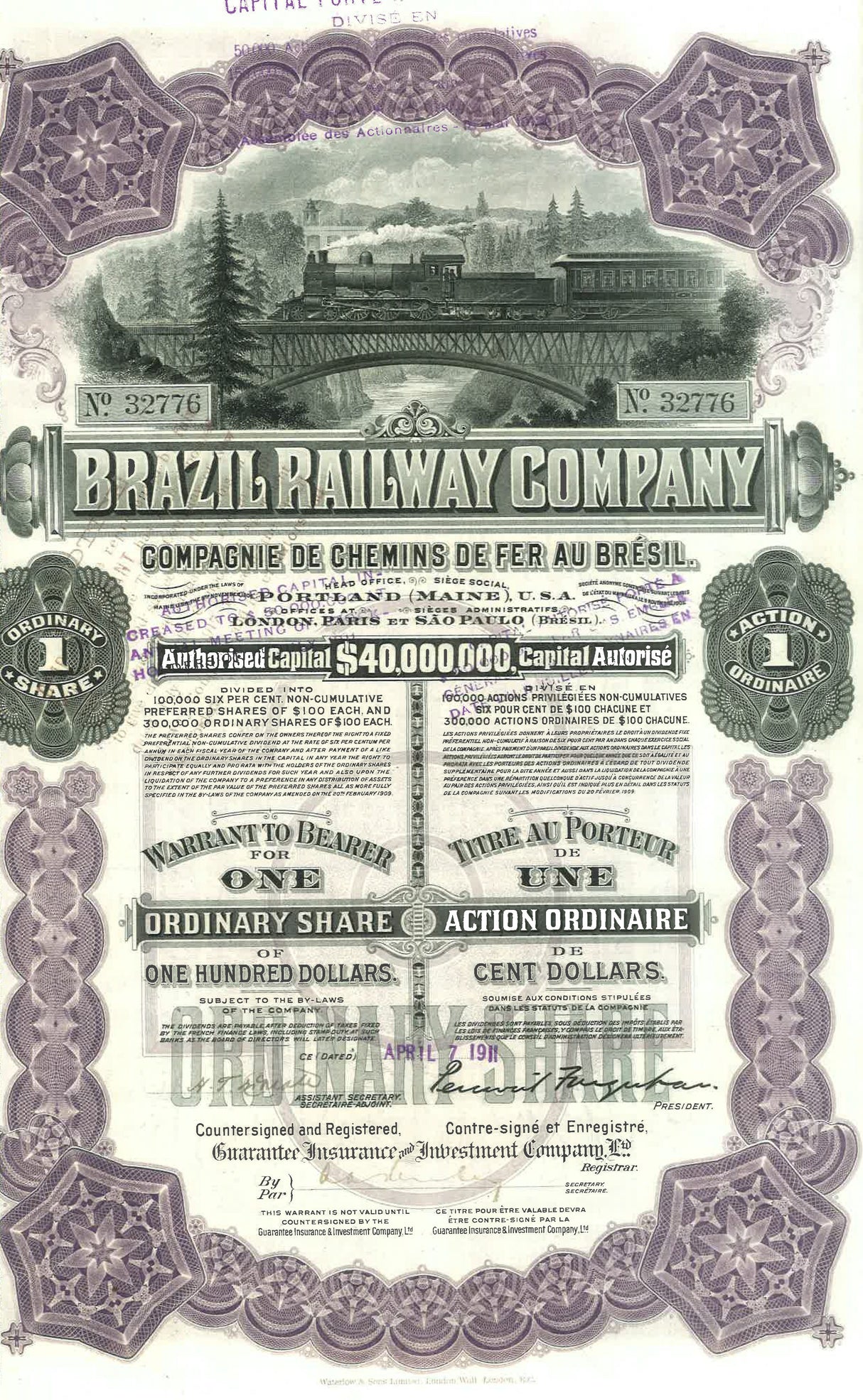 BRAZBOND Brazil Railway Company, Stock Certificate, 1911