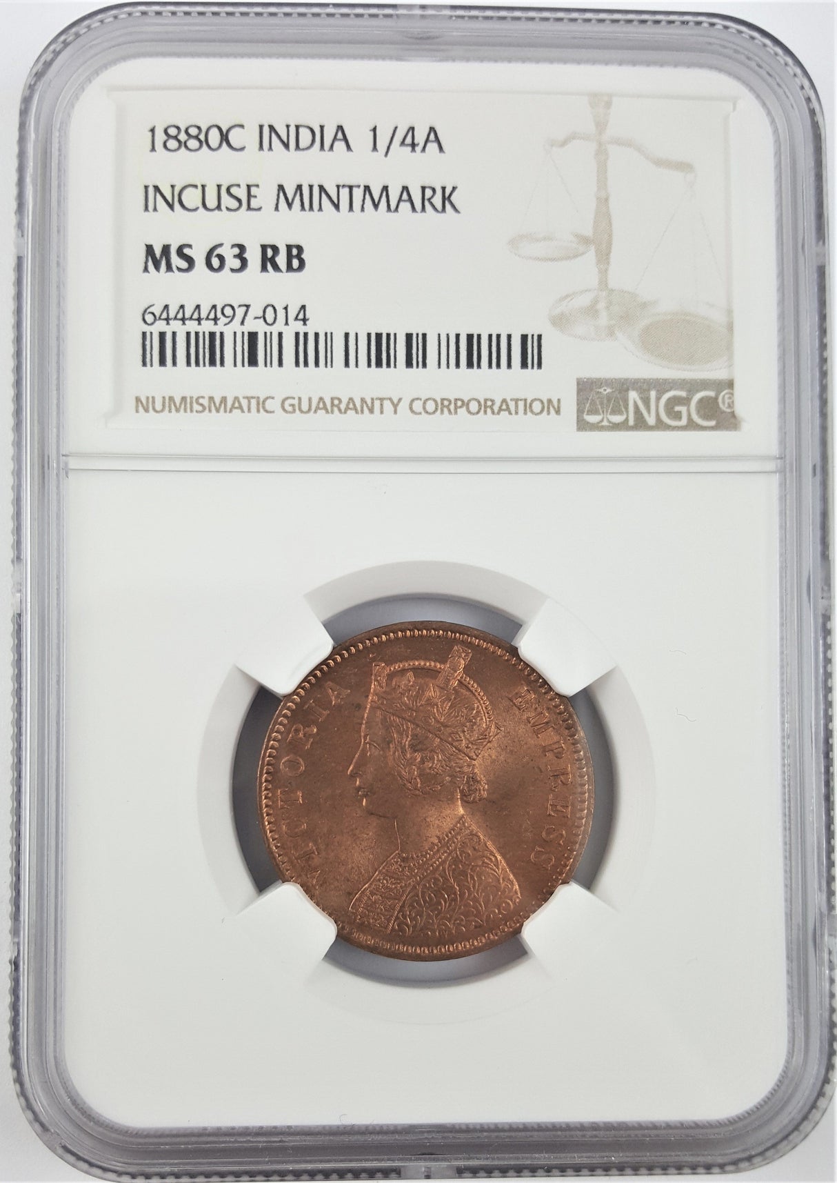 BRINDKM486-NGC(MS63) British India 1/4 Anna 1880/1889 Queen Victoria(MS63)