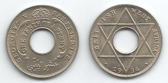 British West Africa KM7(AU-U) 1/10 Penny - 1920,1928,1936