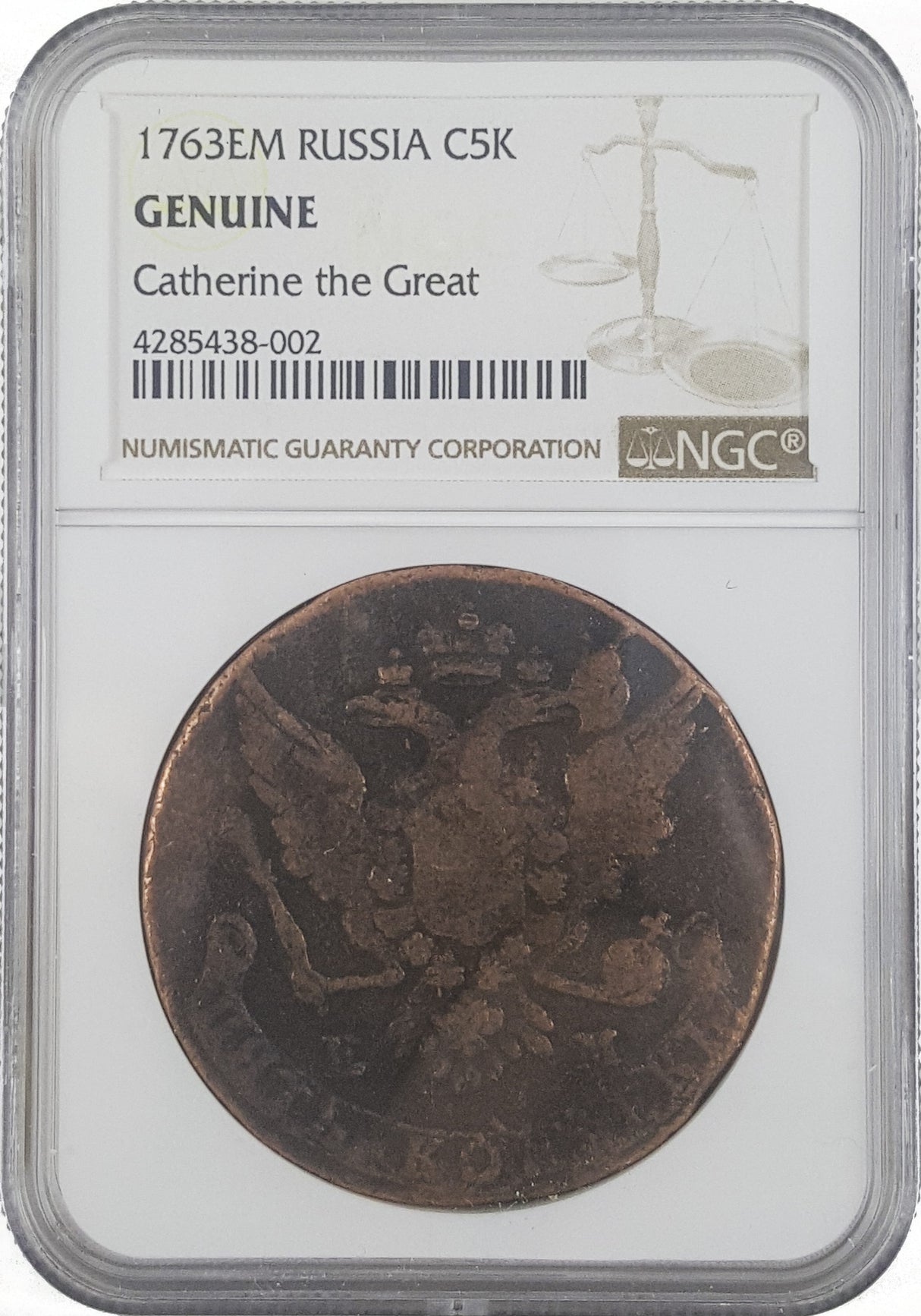 CATHERINE(AE)NGC(LG) Russian 5 Kopek of Catherine the Great (AD 1767-96) NGC(LG)