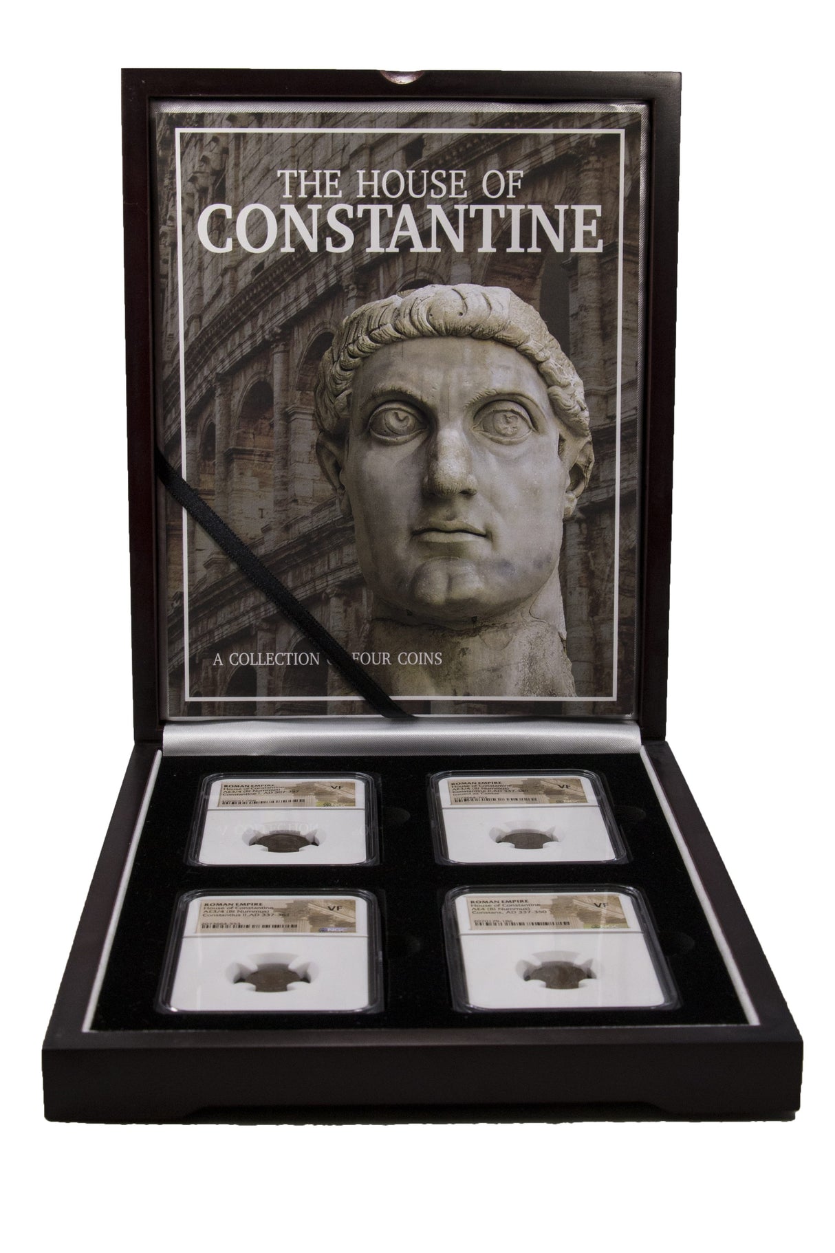 CONSTDYN4SLAB-BOX House of Constantine: A Boxed Collection of Four NGC-Certified Roman Bronze Coins (Constantine the Great and His Three Sons)