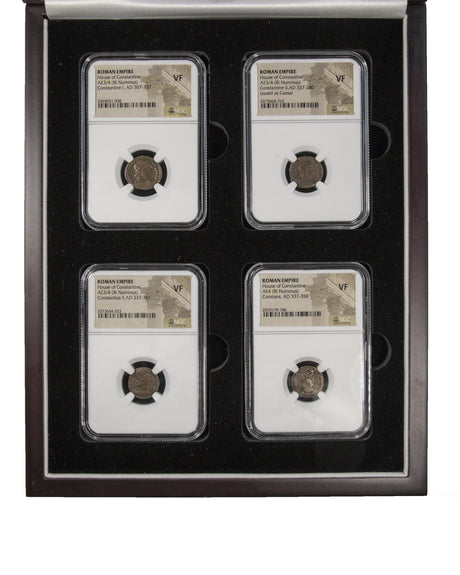 CONSTDYN4SLAB-BOX House of Constantine: A Boxed Collection of Four NGC-Certified (VF)Roman Bronze Coins (Constantine the Great and His Three Sons) (CONSTDYN4SLAB-BOX)