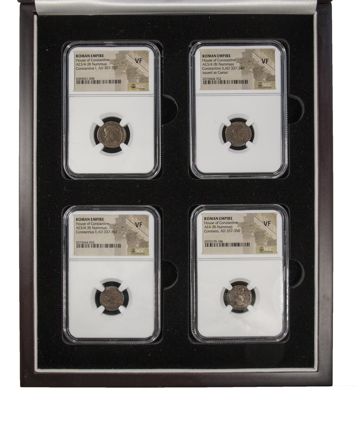 CONSTDYN4SLAB-BOX House of Constantine: A Boxed Collection of Four NGC-Certified Roman Bronze Coins (Constantine the Great and His Three Sons)