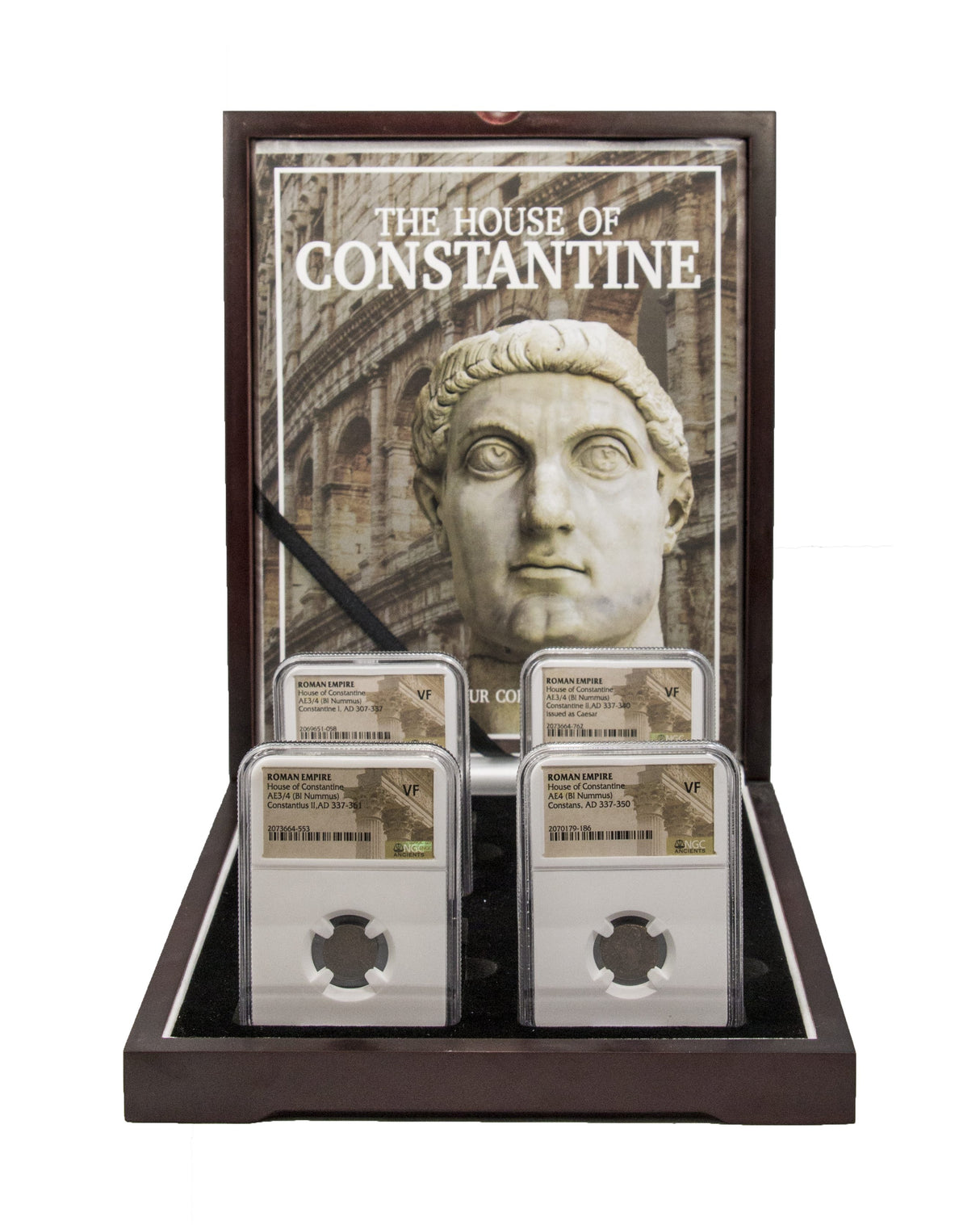 CONSTDYN4SLAB-BOX House of Constantine: A Boxed Collection of Four NGC-Certified Roman Bronze Coins (Constantine the Great and His Three Sons)