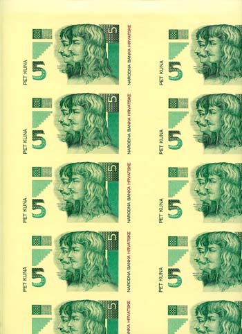 Croatia P28-1(OBVERSE)(U) 5 Kuna uncut sheet Of 40 notes