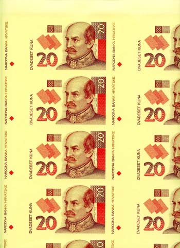 Croatia P30-1(OBVERSE)(U) 20 Kuna uncut sheet Of 40 notes