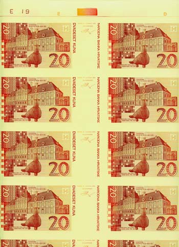 Croatia P30(REVERSE)(U) 20 Kuna uncut sheet Of 40 notes