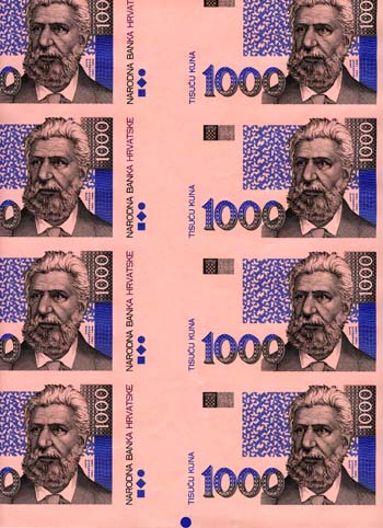 Croatia P35-1(OBVERSE)(U) 1,000 Kuna uncut sheet Of 40 notes