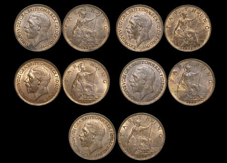 DL1055 Great Britain, George V (1910-1936), Bronze Farthings (5), UNC with some lustre, a few spots, a lot of (5) coins