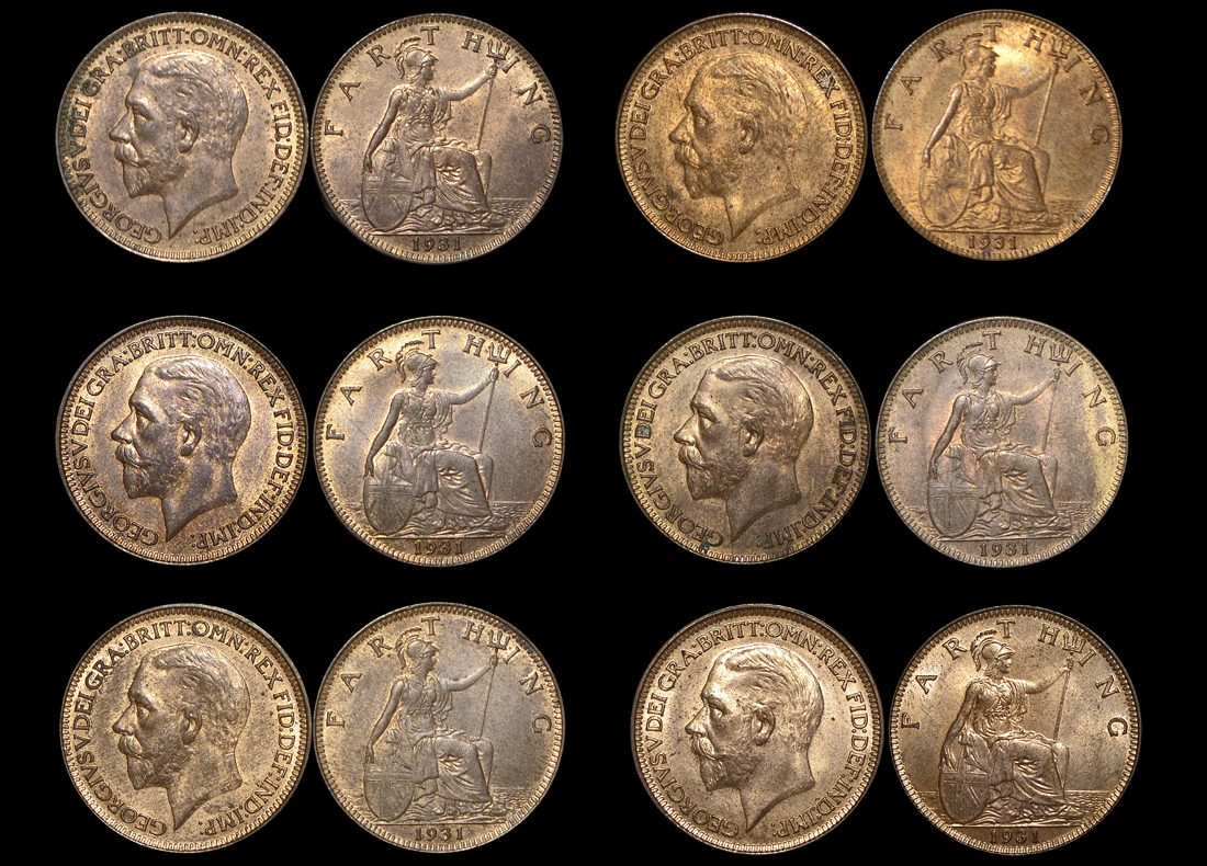 DL1058 Great Britain, George V (1910-1936), Bronze Farthings (6), UNC with some lustre, a few spots, a lot of (6) coins