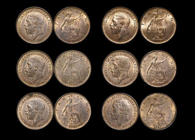 DL1063 Great Britain, George V (1910-1936), Bronze Farthings (6), UNC with some lustre, a few spots, a lot of (6) coins