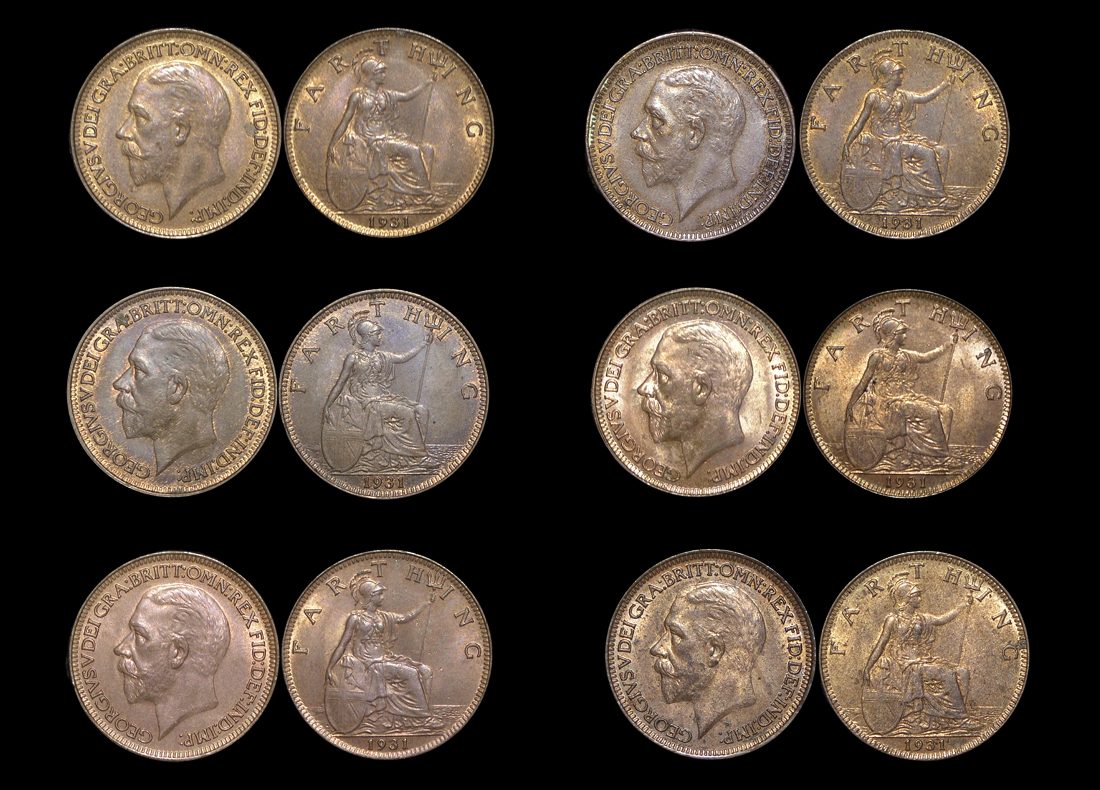 DL1065 Great Britain, George V (1910-1936), Bronze Farthings (6), UNC with some lustre, a few spots, a lot of (6) coins