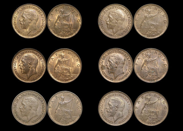 DL1067 Great Britain, George V (1910-1936), Bronze Farthings (6), UNC with some lustre, a few spots, a lot of (6) coins