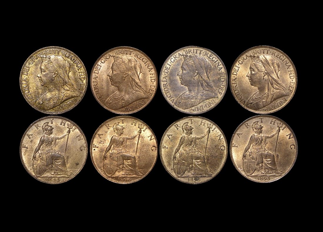 DL1088 Great Britain, Victoria (1837-1901), Bronze Farthings, 1895 (3), 1896 (1), UNC with lustre, a lot of (4) coins