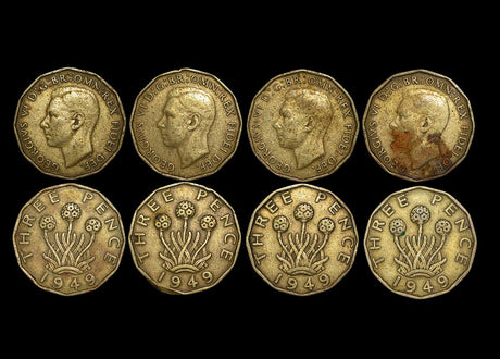 DL1344 Great Britain, George VI (1936-1952), Nickel-Brass Threepence, 1949, RARE DATE, KM# 873, VF, some staining, a lot of (4) coins