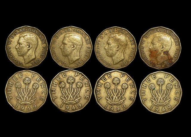 DL1344 Great Britain, George VI (1936-1952), Nickel-Brass Threepence, 1949, RARE DATE, KM# 873, VF, some staining, a lot of (4) coins