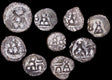 DL185 Ancient India, Taxila-Pushkalavati City Coinage (2nd Century BCE), 1/4 Karshapana, a lot of (9) coins