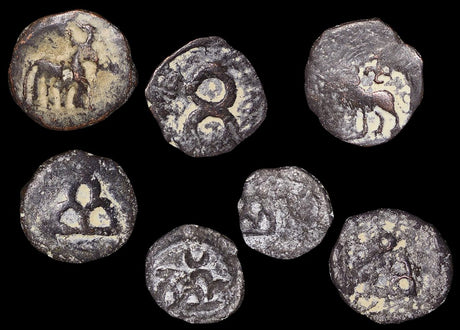 DL186 Ancient India, Taxila-Pushkalavati City Coinage (2nd Century BCE), 1/4 Karshapana, a lot of (7) coins