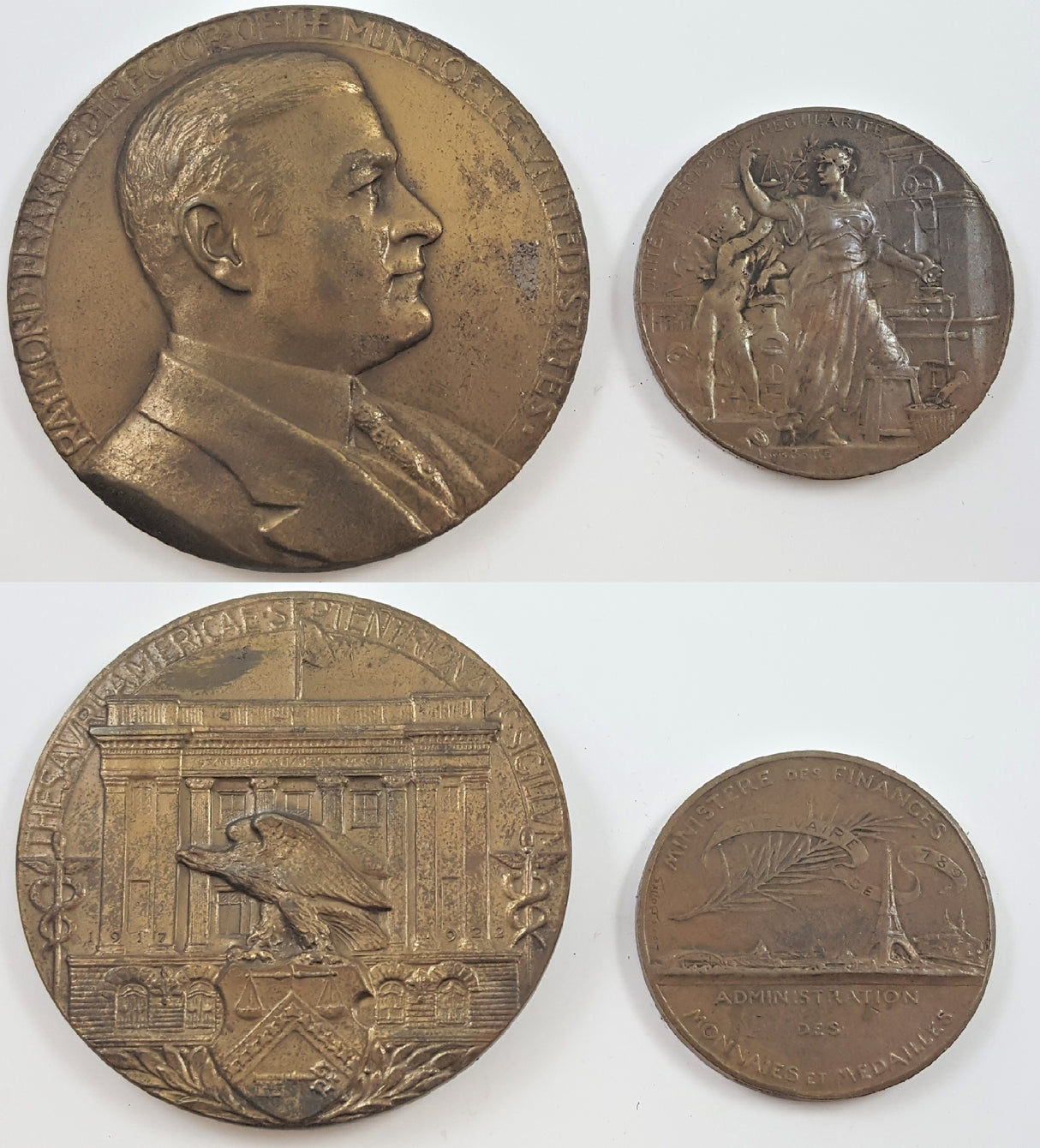 Dl2062 Dealer Lot Of Two (2) Medals, One Commemorating Raymond Baker, One Celebrating The 100Th Anniversary Of The French Administration Of Money And Medals.(Xf)