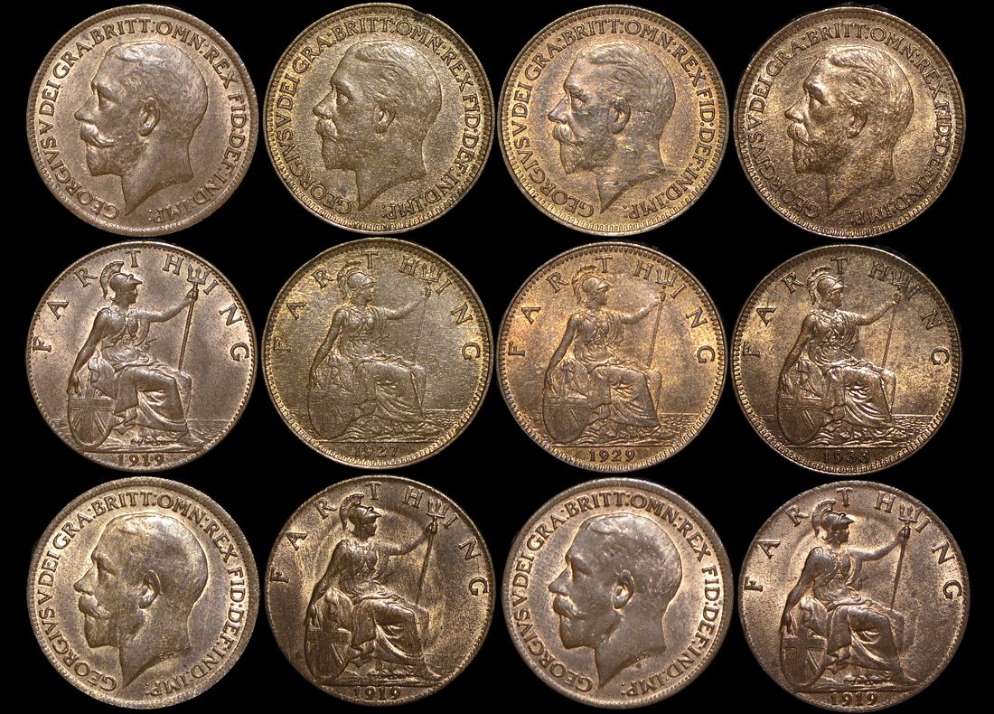 DL323 Great Britain, George V (1910-1936), Bronze Farthings (6), a lot of (6) coins