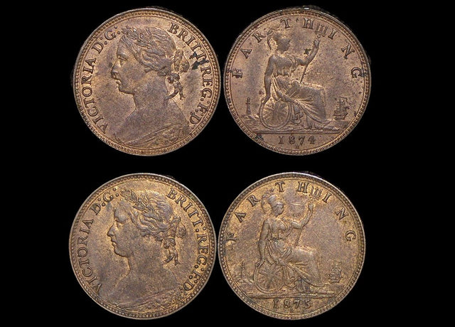 DL429 Great Britain, Victoria (1837-1901), Bronze Farthing, 1874H AU some lustre (1), 1875 AU some lustre (1), a lot of (2) coins