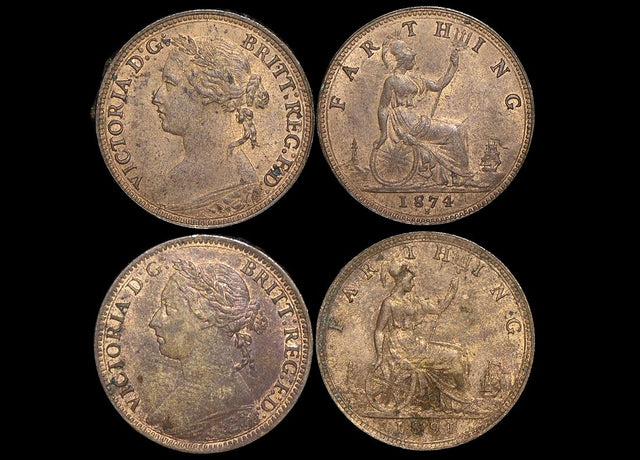 DL433 Great Britain, Victoria (1837-1901), Bronze Farthing, 1874H (1) AU some lustre (1), 1891 AU some lustre (1), a lot of (2) coins