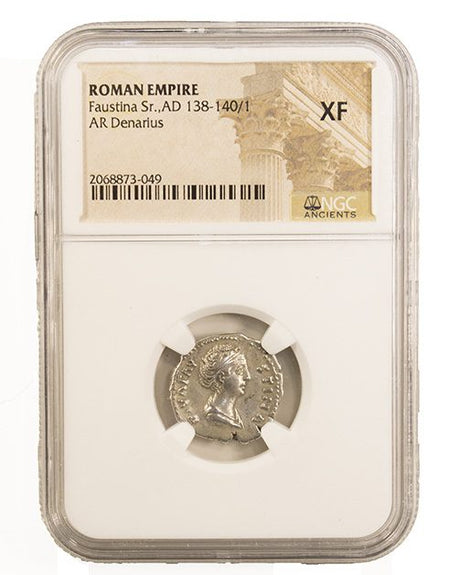 FAUSTINASR(AR)NGC(XF) Roman Silver Denarius of Faustina Sr. (AD138-140) NGC(XF)