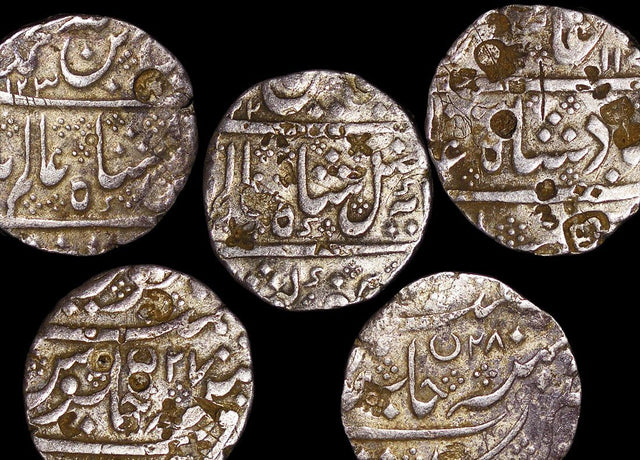 French India KM15(VF) French India, Pondicherry, struck in the name of Shah Alam II (1764-1807 CE) with an Arcot mint signature, Silver Rupee with shroff marks