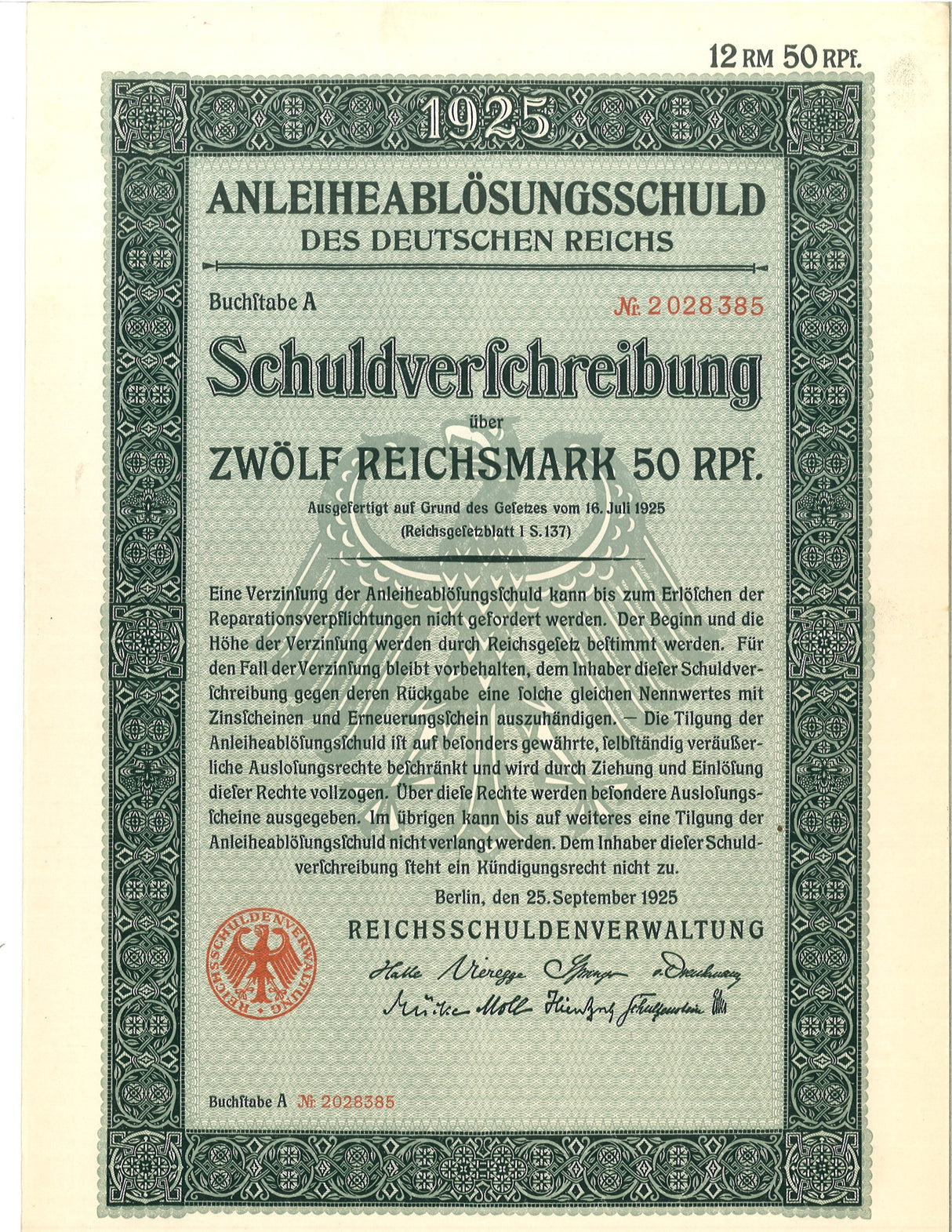 GERMBOND1925-12.5RM(U) Germany 12.5 Reichsmark bond issue, 1925