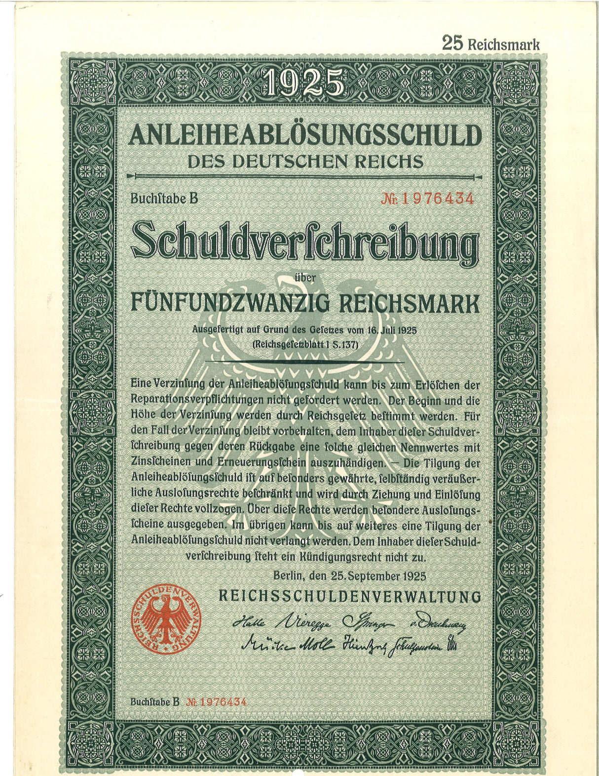 GERMBOND1925-25RM(U) Germany 25 Reichsmark bond issue, 1925