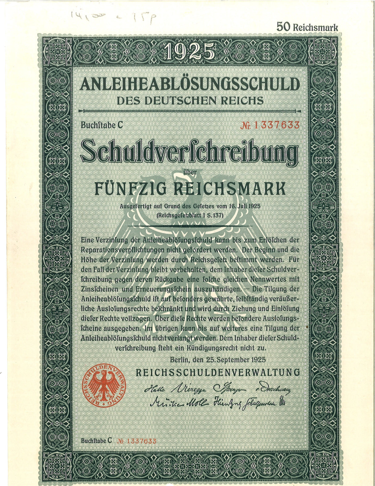 GERMBOND1925-50RM(U) Germany 50 Reichsmark bond issue, 1925