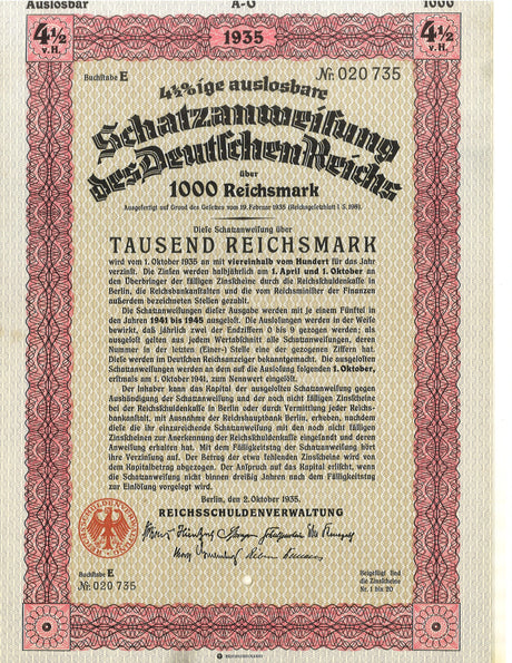 GERMBOND1935-1000RM(U) Germany 1000 Reichsmark bond issue, 1935