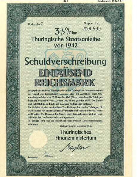 GERMBOND1942-1000RM(U) 1000 Reichsmark Nazi Germany bond issue, December 12th 1941