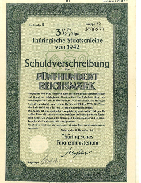 GERMBOND1942-500RM(U) 500 Reichsmark Nazi Germany bond issue, December 12th, 1941