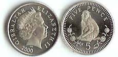 Gibraltar KM775(U) 5 Pence (Queen Elizabeth and monkey)