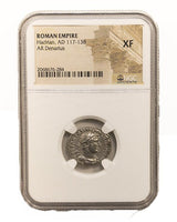 HADRIAN(AR)NGC(XF) Roman Silver Denarius of Hadrian (AD 117-138) NGC(XF)