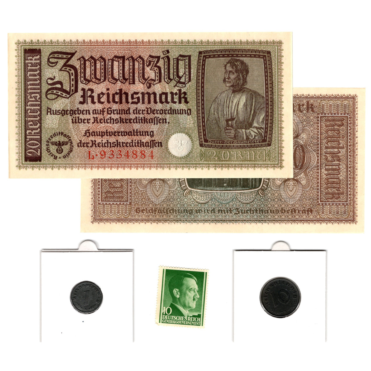 Adolf Hitler: Banknote, Stamp & Two Coins (Album)