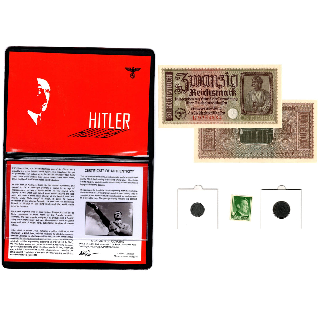 Adolf Hitler: Banknote, Stamp & Two Coins (Album)