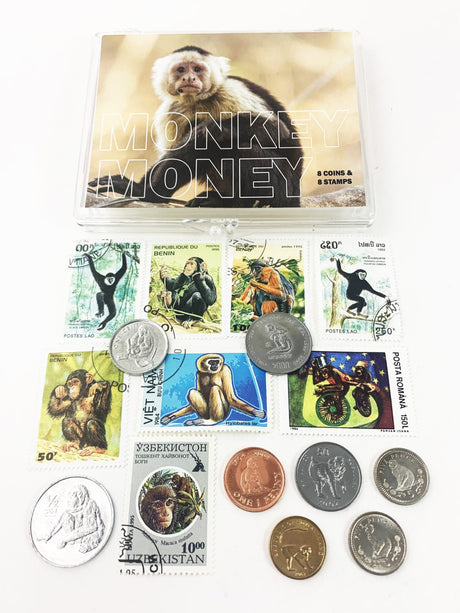 Monkey Money: 8 Coins & 8 Postage Stamps (Clear Box) (MONKEY8CN8PS-CLRBOX)