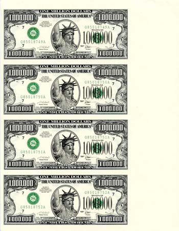 United States PERSMILL4(U) uncut sheet Of 4 notes (Private Issue,non Government)